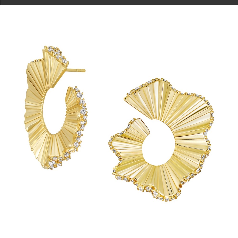 Gold Textured Fan Hoop Earrings with Crystal Accents